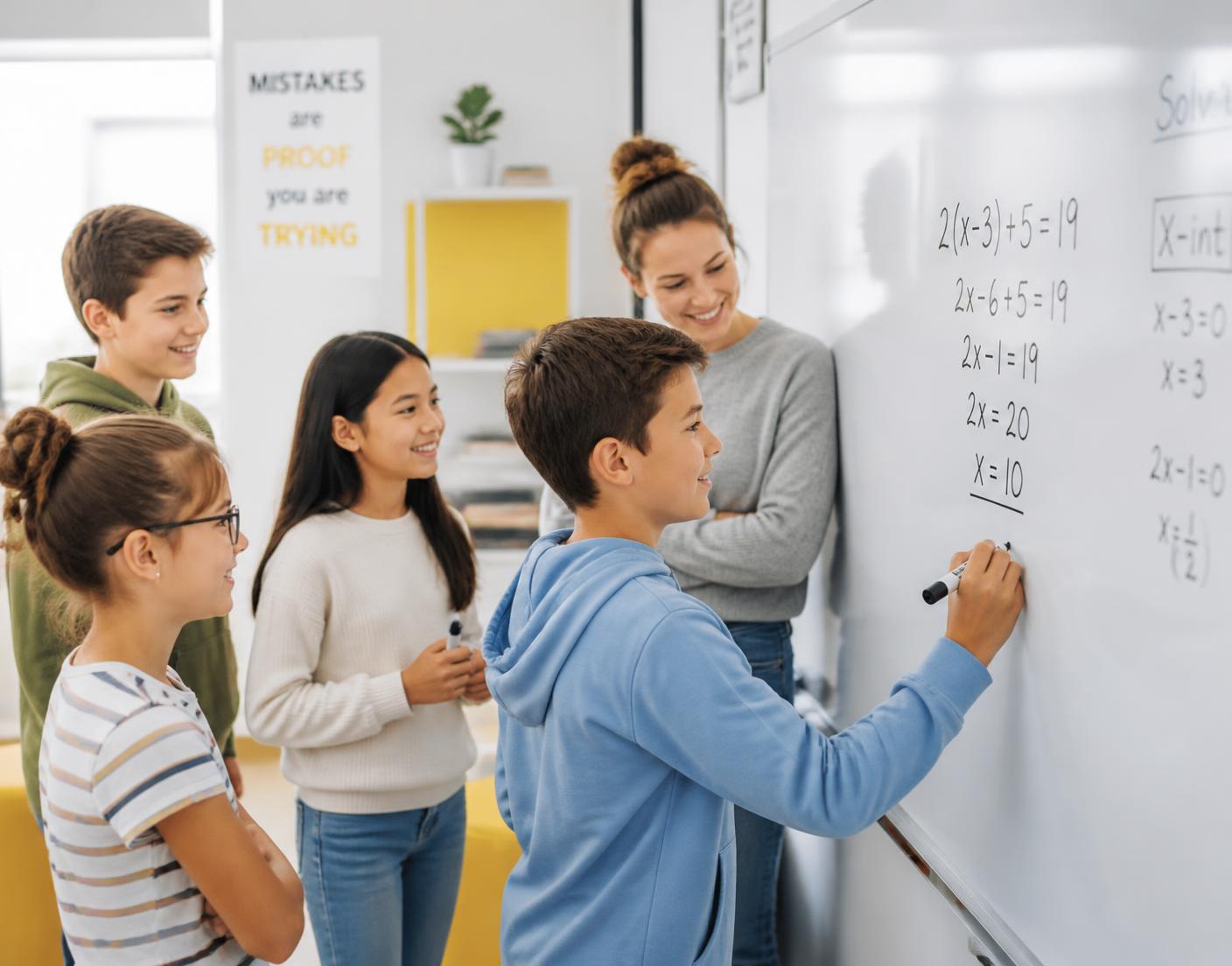 Дети решают задачи у доски вместе с преподавателем MATH ON